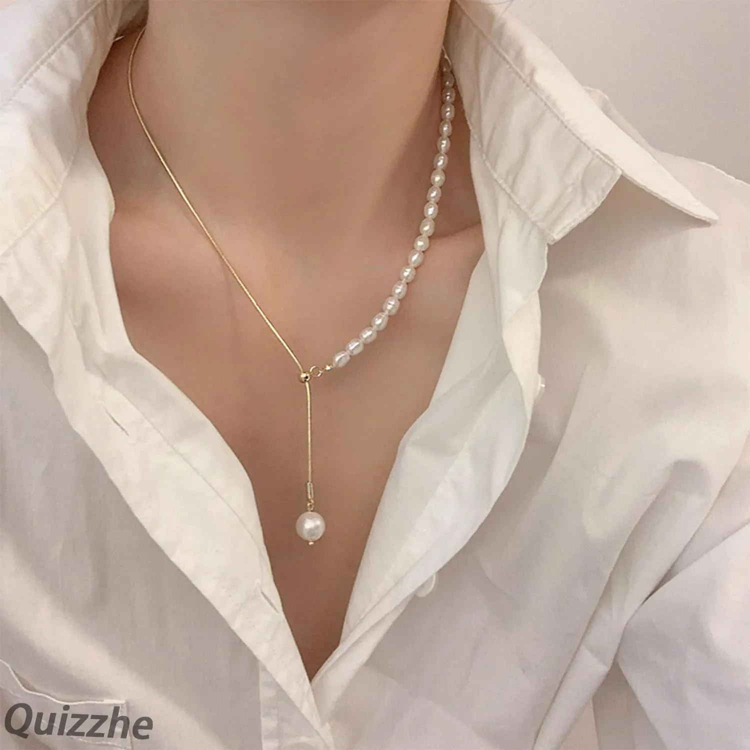 Dainty Vintage Layered Pearl Necklace Gold Toggle Clasp Paperclip Chain Necklace Bohemian Beaded Necklace Punk Baroque Pearl Trendy Prom Necklace for Women