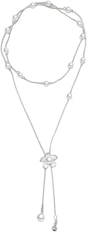 Dainty White Enamel Flower Charm Long Y Necklace for Women Fashion Floral Pearls Beaded Chain Lariat Sweater Necklaces Silver Imitation Pearl Drop Pendant Adjustable Winter Wedding Party Jewelry 29in