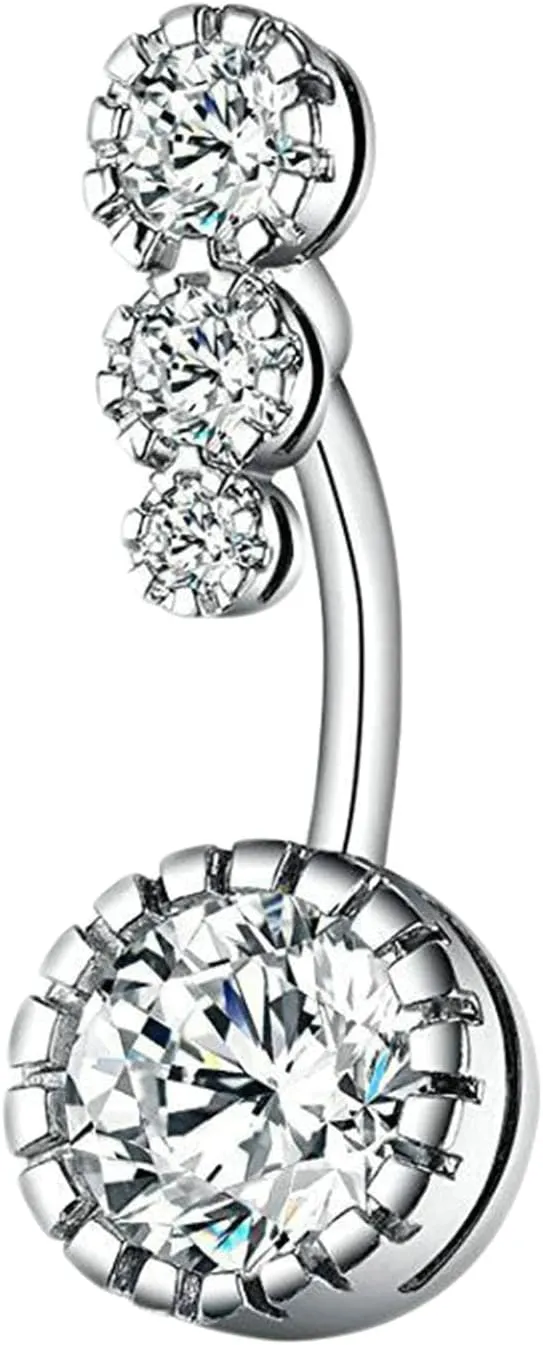 Dangle Navel Ring Stainless Steel, CZ Unique Navel Rings for Women Round Silver Belly Rings