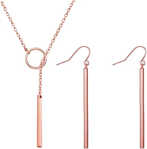 Dcfywl731 Minimal Dainty Gold Plated Dangle Earrings Layered Bar Pendant Neckalce Gold Long Y-Necklace Gold Earrings and Necklaces Set Delicate Lariat Chain Jewelry for Women