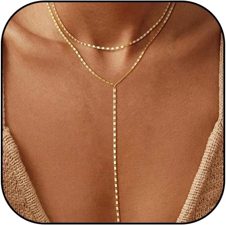 Dcfywl731 Minimal Dainty Gold Plated Dangle Earrings Layered Bar Pendant Neckalce Gold Long Y-Necklace Gold Earrings and Necklaces Set Delicate Lariat Chain Jewelry for Women