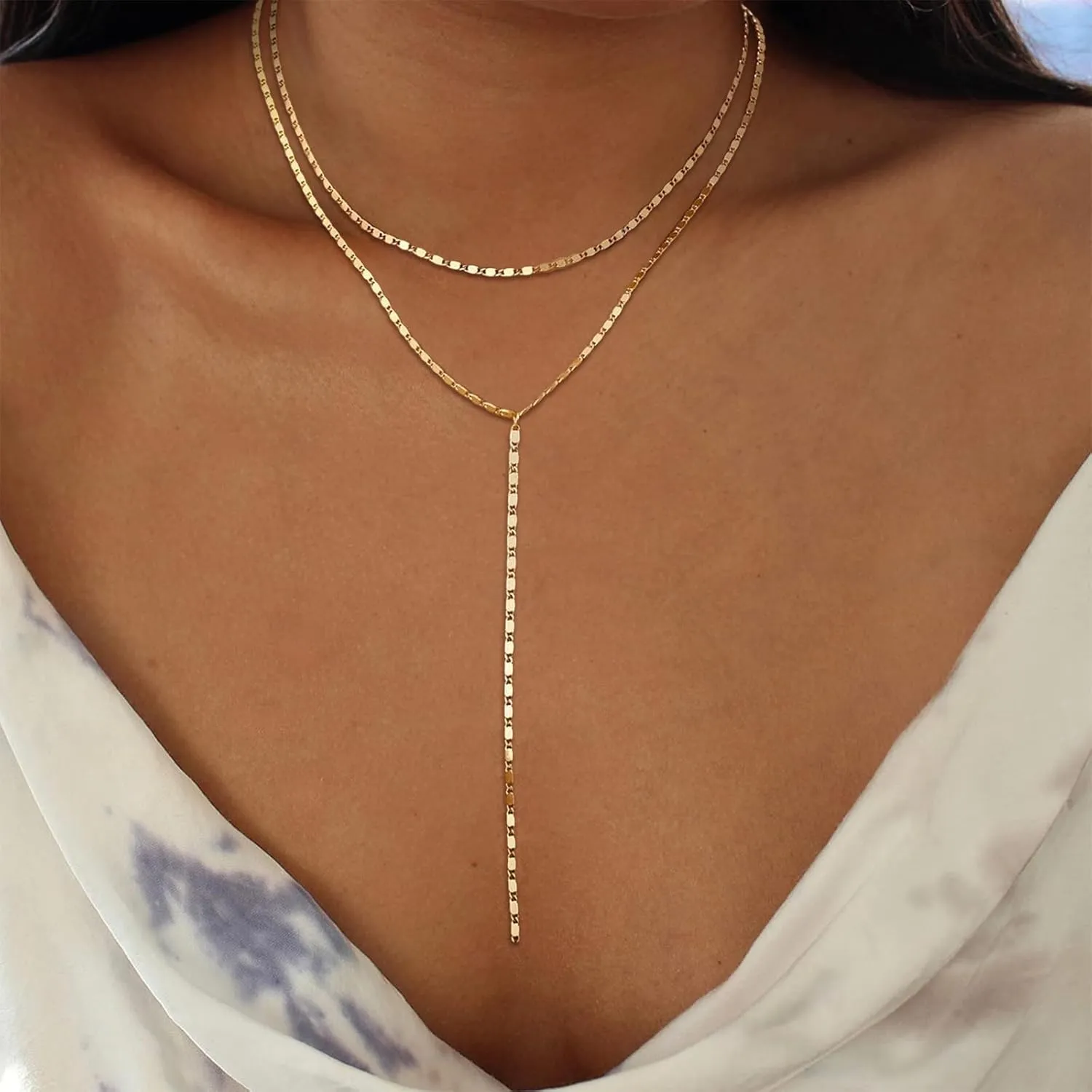 Dcfywl731 Minimal Dainty Gold Plated Dangle Earrings Layered Bar Pendant Neckalce Gold Long Y-Necklace Gold Earrings and Necklaces Set Delicate Lariat Chain Jewelry for Women