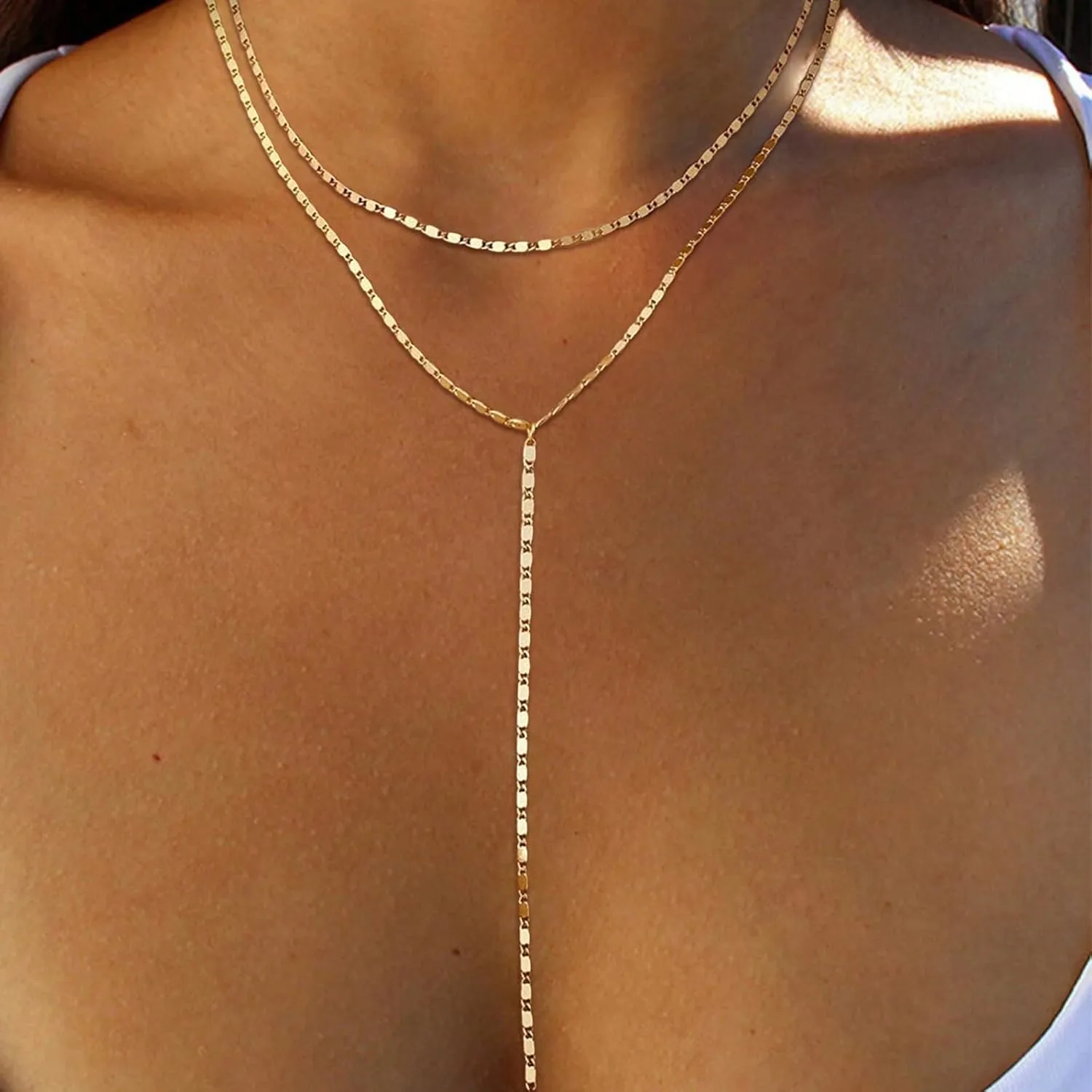 Dcfywl731 Minimal Dainty Gold Plated Dangle Earrings Layered Bar Pendant Neckalce Gold Long Y-Necklace Gold Earrings and Necklaces Set Delicate Lariat Chain Jewelry for Women