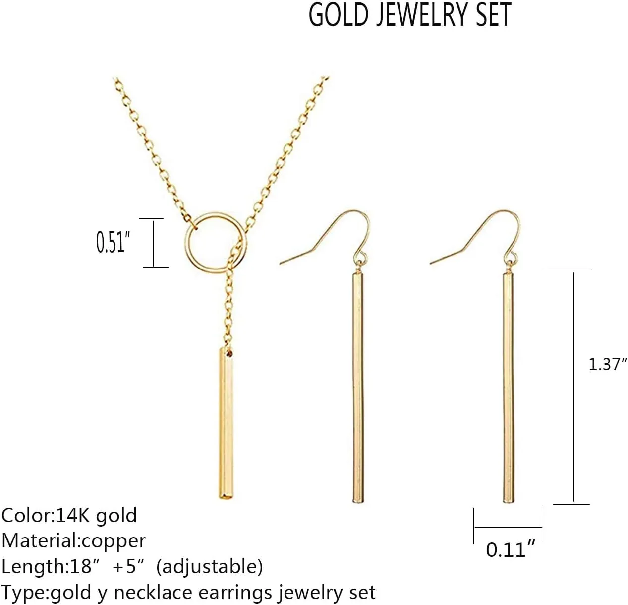 Dcfywl731 Minimal Dainty Gold Plated Dangle Earrings Layered Bar Pendant Neckalce Gold Long Y-Necklace Gold Earrings and Necklaces Set Delicate Lariat Chain Jewelry for Women