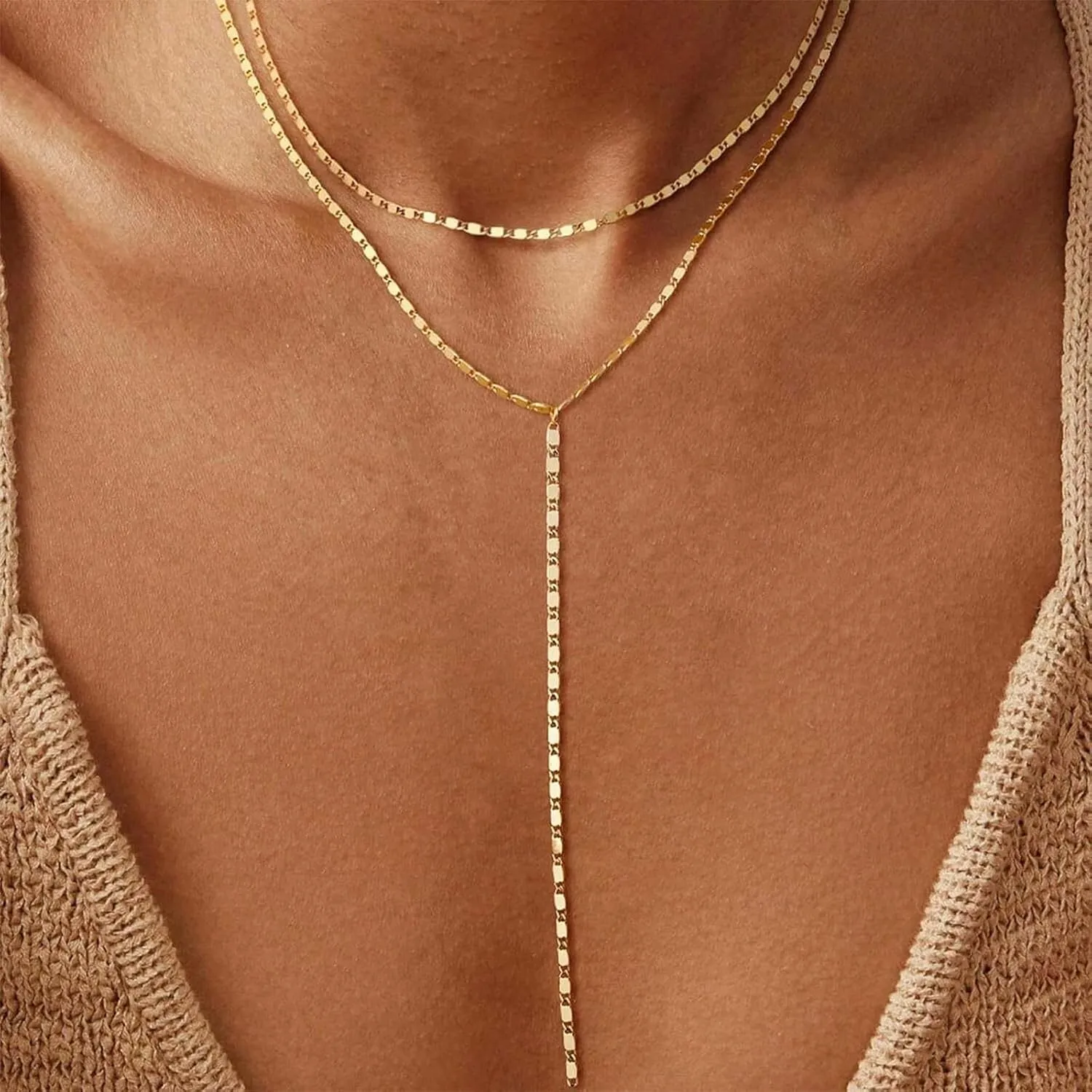 Dcfywl731 Minimal Dainty Gold Plated Dangle Earrings Layered Bar Pendant Neckalce Gold Long Y-Necklace Gold Earrings and Necklaces Set Delicate Lariat Chain Jewelry for Women