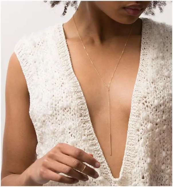Dcfywl731 Minimal Dainty Gold Plated Dangle Earrings Layered Bar Pendant Neckalce Gold Long Y-Necklace Gold Earrings and Necklaces Set Delicate Lariat Chain Jewelry for Women