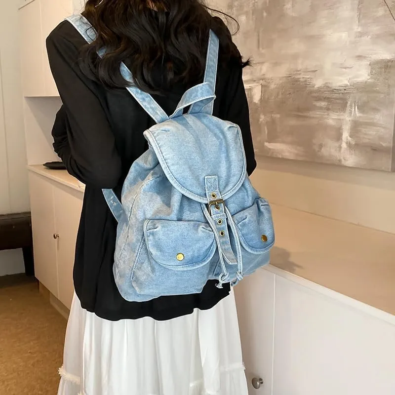 Denim Backpack Daypack Vintage Denim Backpack Women Men Aesthetic y2k Grunge Canvas Daypack Shoulder Bag Purse (light blue)