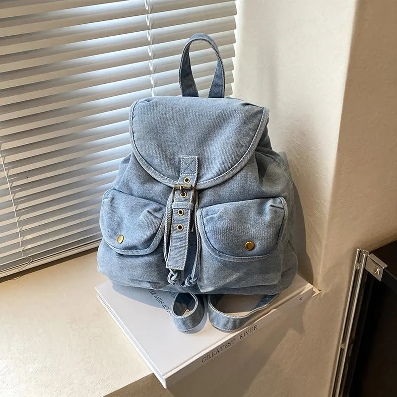 Denim Backpack Daypack Vintage Denim Backpack Women Men Aesthetic y2k Grunge Canvas Daypack Shoulder Bag Purse (light blue)