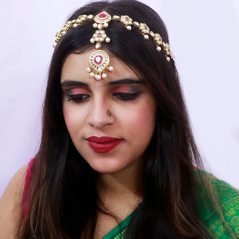 Designer Gold Plated Royal Kundan & Ruby Sheeshphool/Mathapatti (D80)