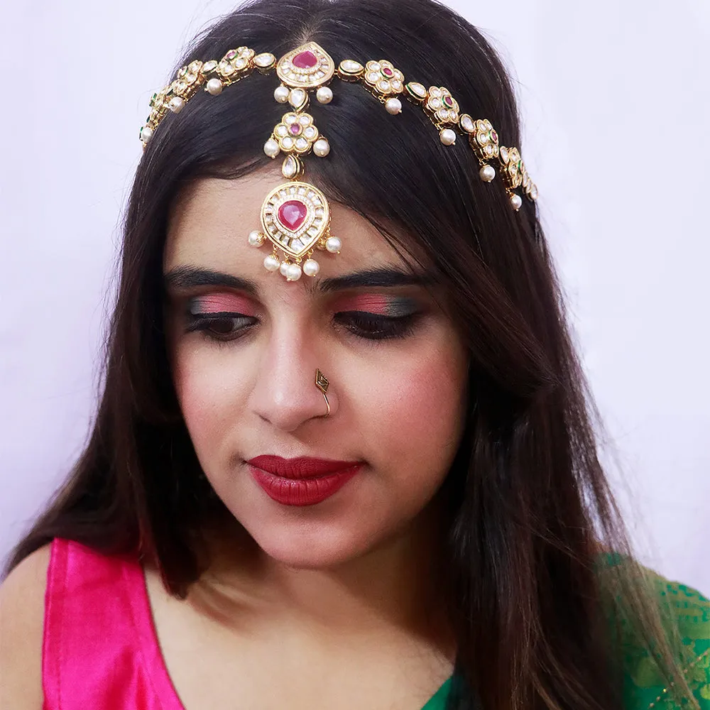 Designer Gold Plated Royal Kundan & Ruby Sheeshphool/Mathapatti (D80)
