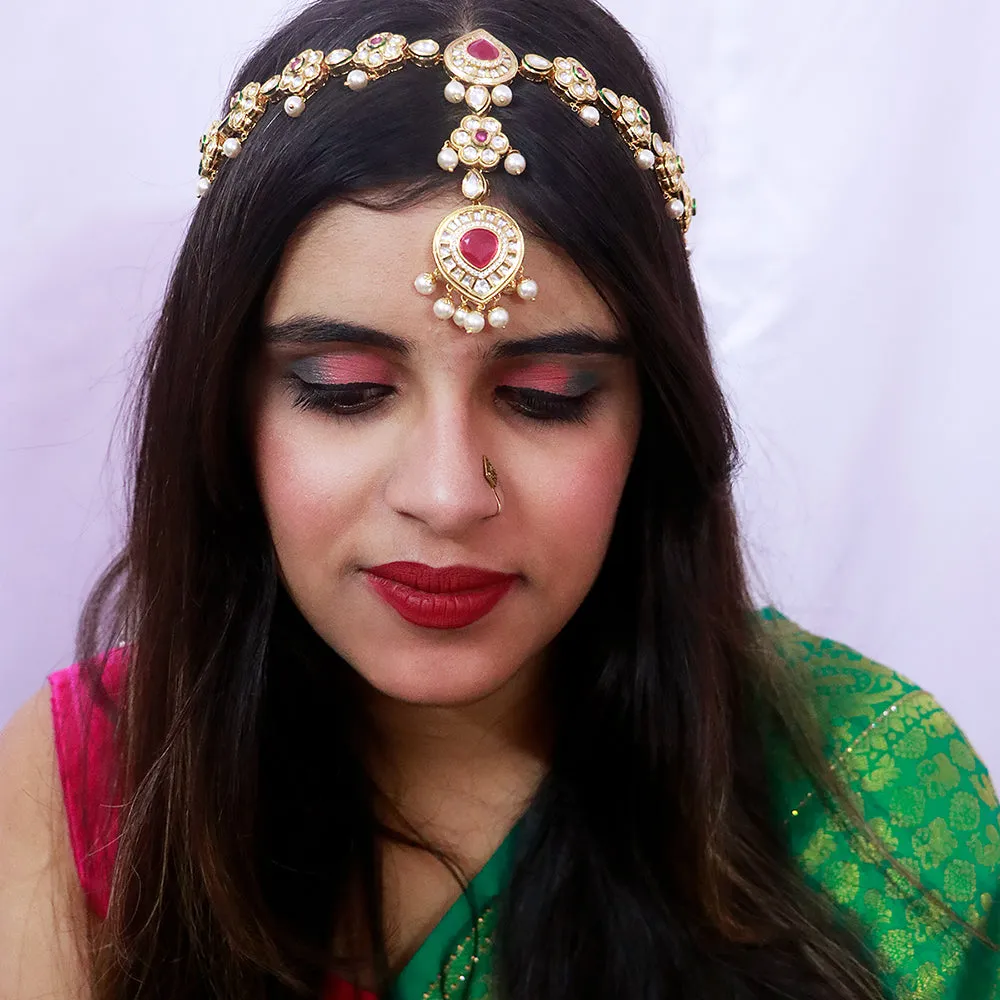 Designer Gold Plated Royal Kundan & Ruby Sheeshphool/Mathapatti (D80)