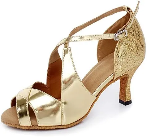 DKZSYIM Women's Synthetic Leather Latin Dance Shoes Comfortable Salsa Performance Practise Wedding Dance Shoes,Model QJW6126