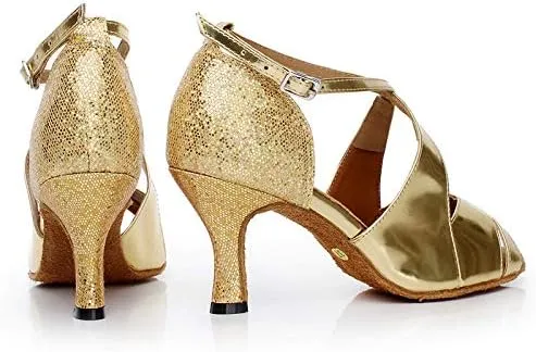 DKZSYIM Women's Synthetic Leather Latin Dance Shoes Comfortable Salsa Performance Practise Wedding Dance Shoes,Model QJW6126