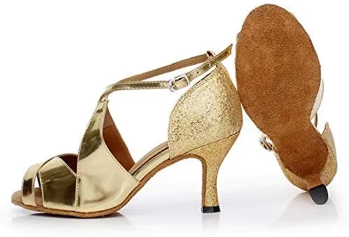 DKZSYIM Women's Synthetic Leather Latin Dance Shoes Comfortable Salsa Performance Practise Wedding Dance Shoes,Model QJW6126