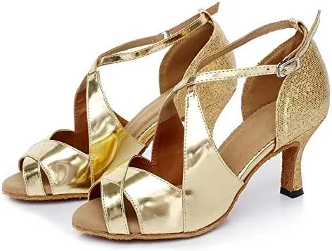 DKZSYIM Women's Synthetic Leather Latin Dance Shoes Comfortable Salsa Performance Practise Wedding Dance Shoes,Model QJW6126