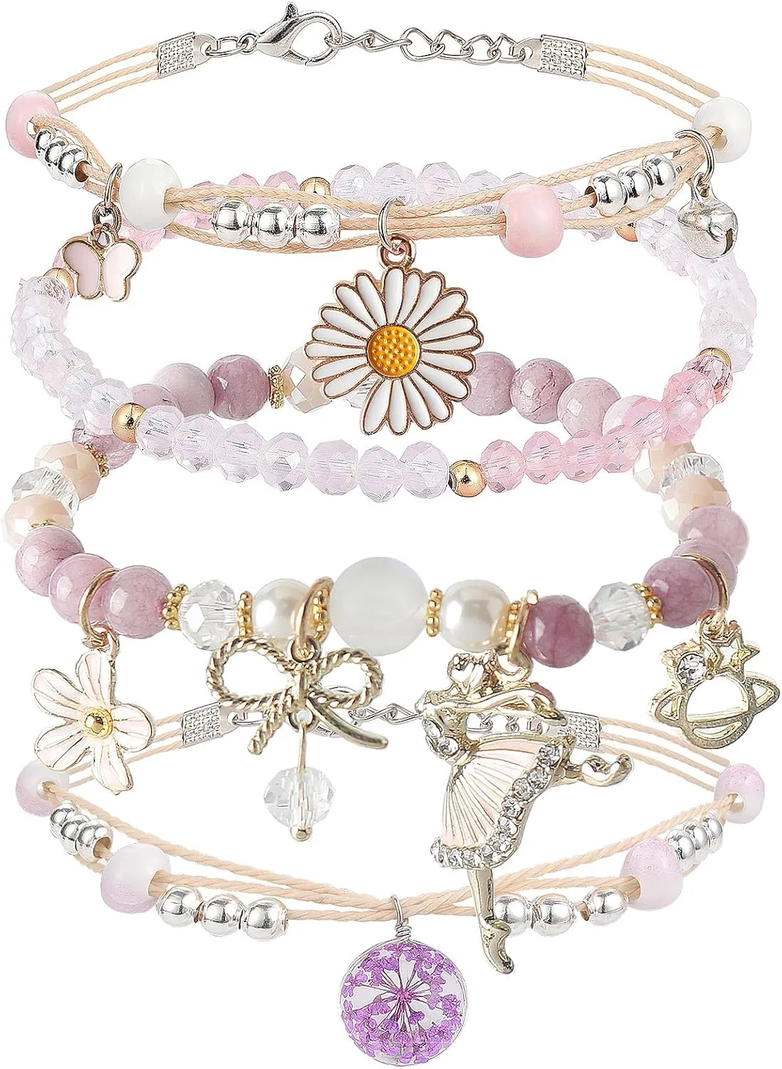 DS 4PCS Beaded Charm Bracelets for Teen Girls Dainty cute cartoon Crystal Beads Pearl Bracelets anklets set for woman and girls Adjustable Stretch bracelet birthday Gift For Friends