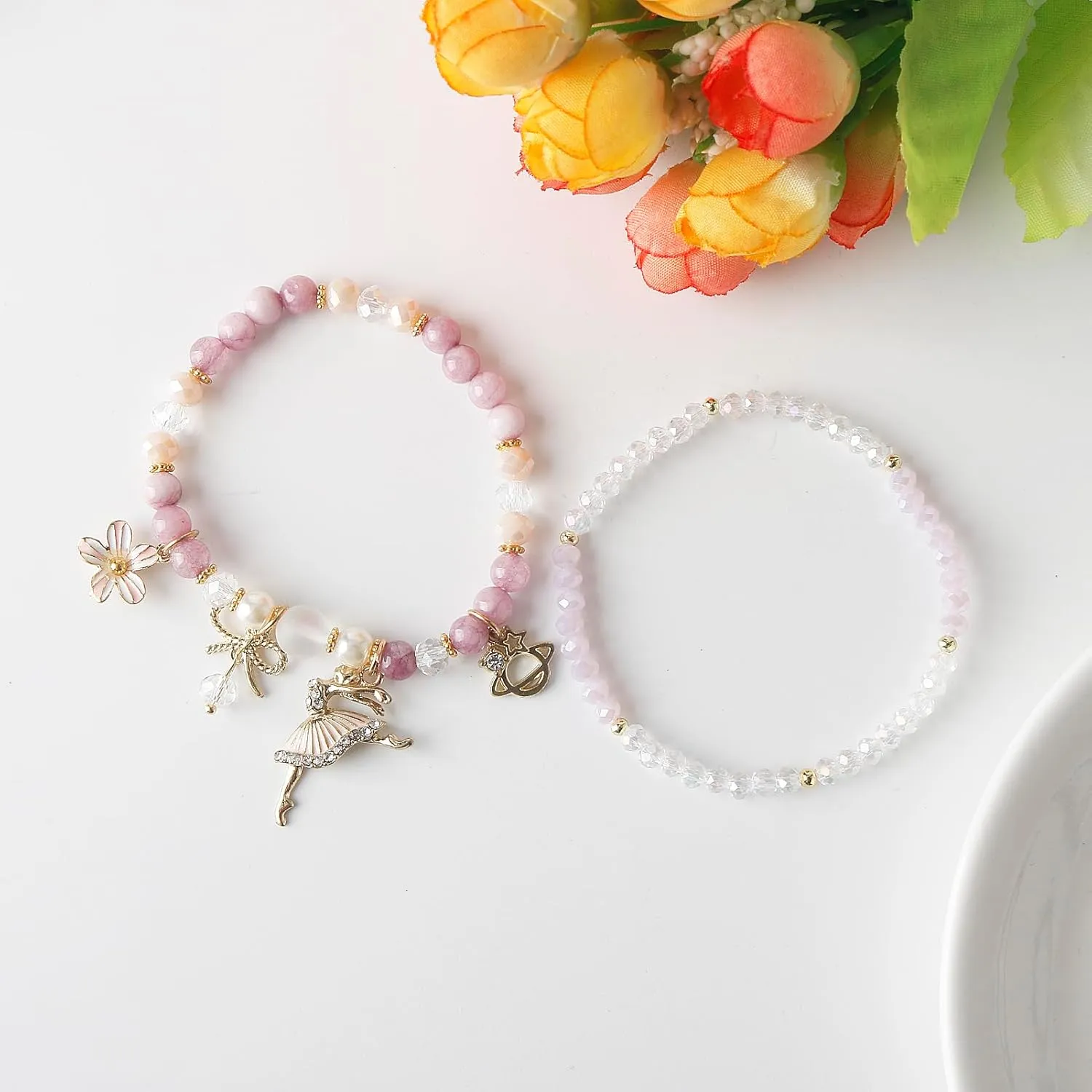 DS 4PCS Beaded Charm Bracelets for Teen Girls Dainty cute cartoon Crystal Beads Pearl Bracelets anklets set for woman and girls Adjustable Stretch bracelet birthday Gift For Friends