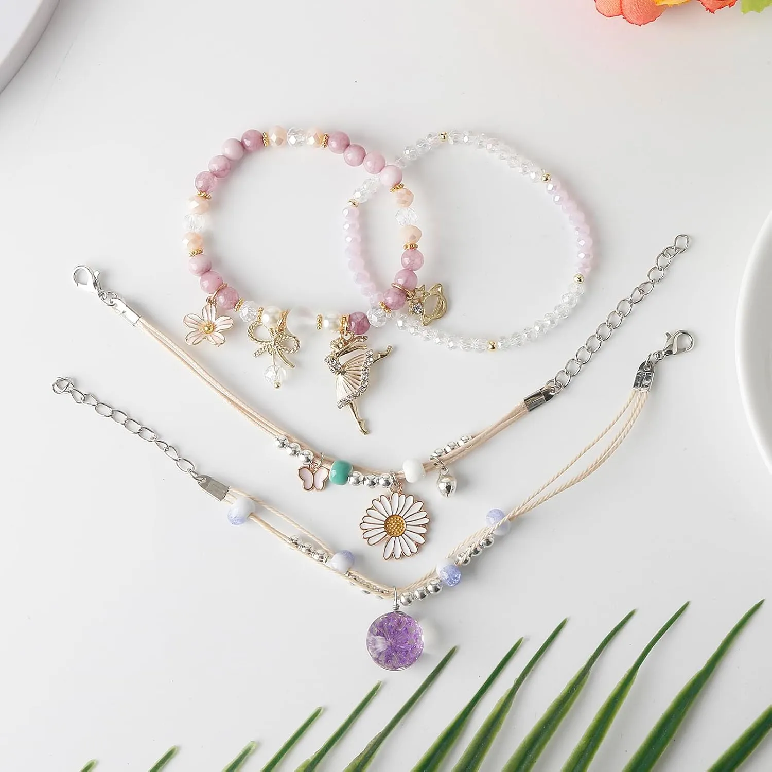 DS 4PCS Beaded Charm Bracelets for Teen Girls Dainty cute cartoon Crystal Beads Pearl Bracelets anklets set for woman and girls Adjustable Stretch bracelet birthday Gift For Friends