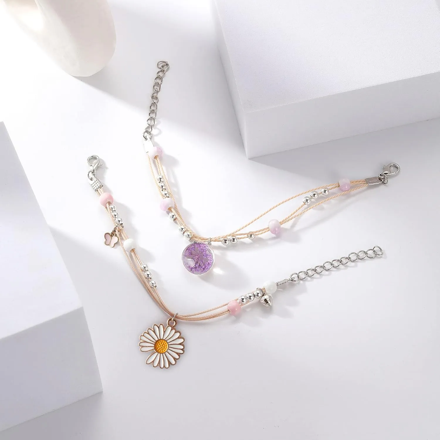 DS 4PCS Beaded Charm Bracelets for Teen Girls Dainty cute cartoon Crystal Beads Pearl Bracelets anklets set for woman and girls Adjustable Stretch bracelet birthday Gift For Friends