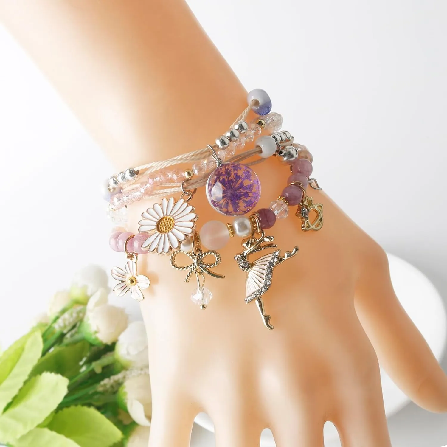 DS 4PCS Beaded Charm Bracelets for Teen Girls Dainty cute cartoon Crystal Beads Pearl Bracelets anklets set for woman and girls Adjustable Stretch bracelet birthday Gift For Friends