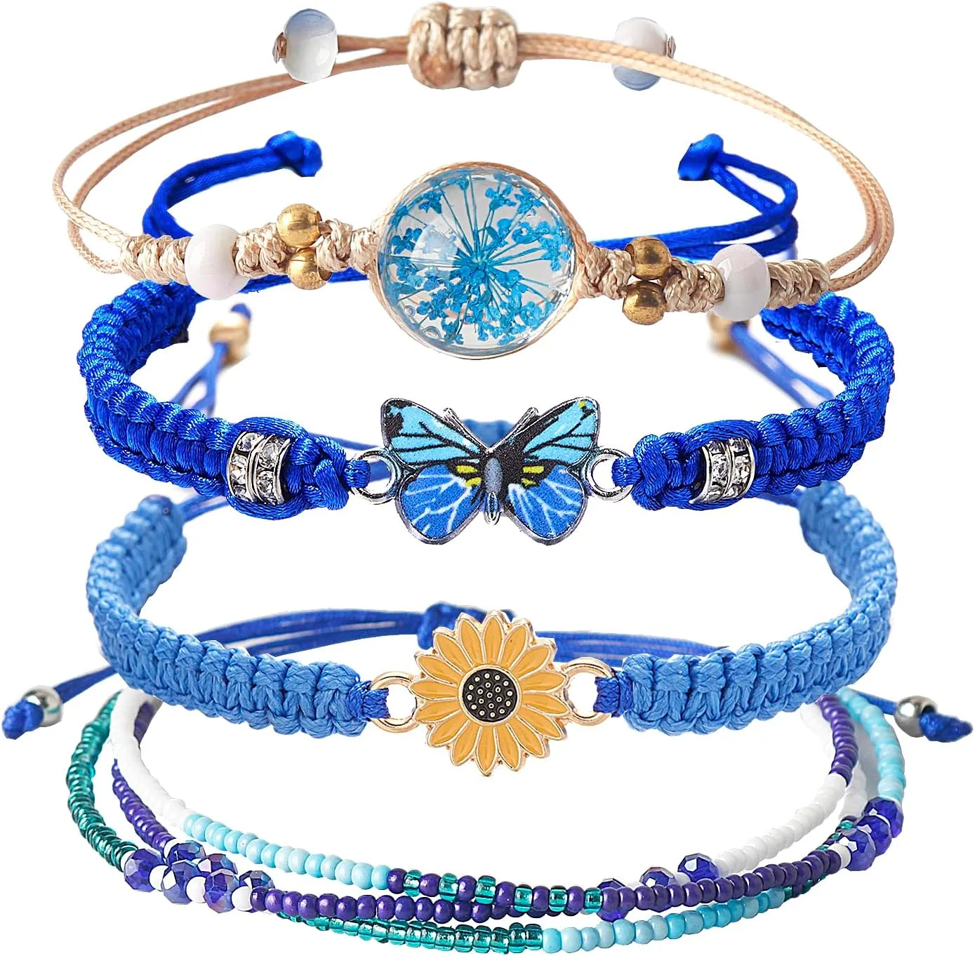 DS 4PCS String beads Charm Bracelets for Teen Girls Dainty cute cartoon Butterfly Daisy Eternal flower Beads Bracelets set for woman and girls Adjustable Stretch bracelet birthday Gift For Friends