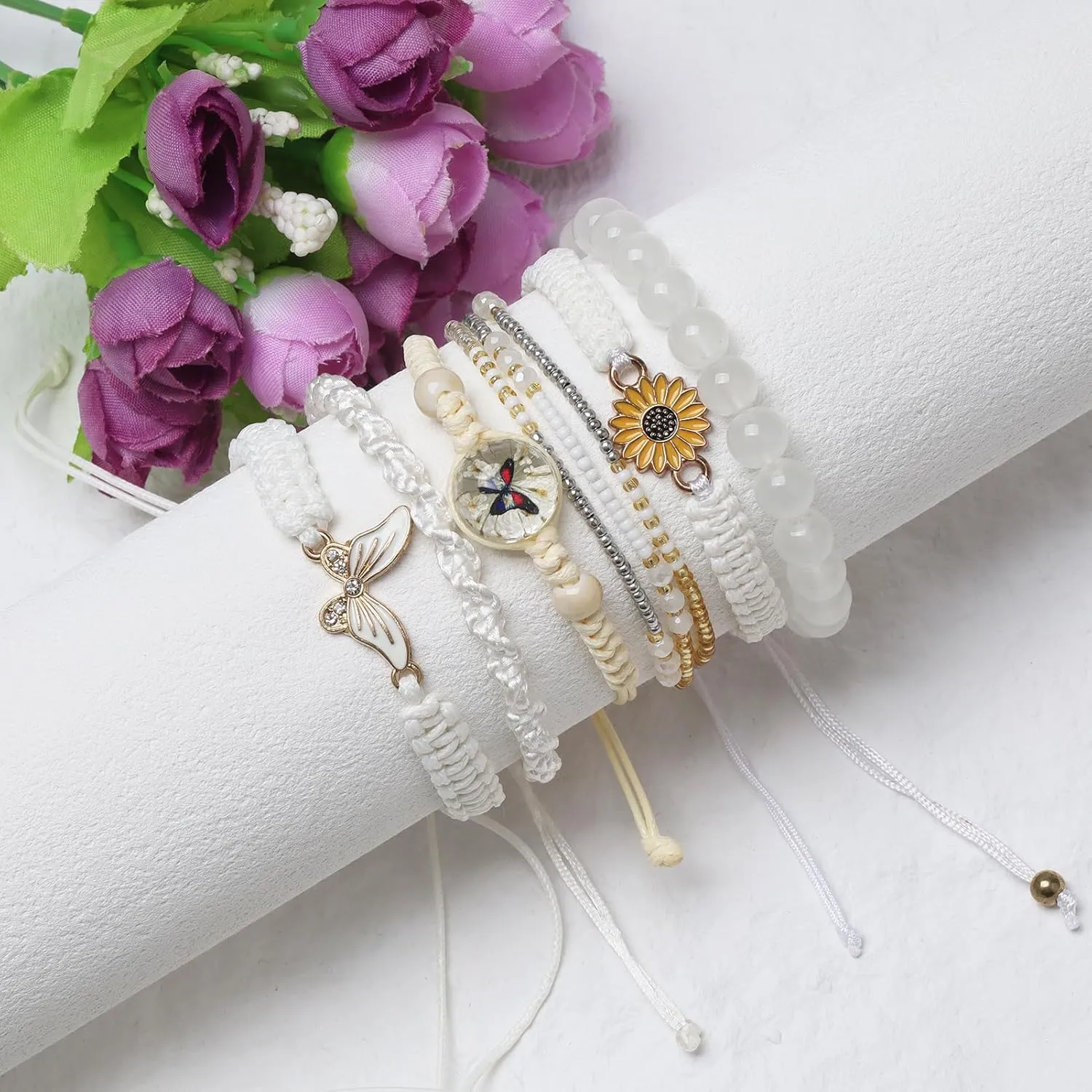 DS 6PCS String beads Charm Bracelets for Teen Girls Handmade Braided Rope Butterfly daisies Eternal flower Boho Surfer Bracelet for women Adjustable friendship Stretch birthday jewelry Gift Friends