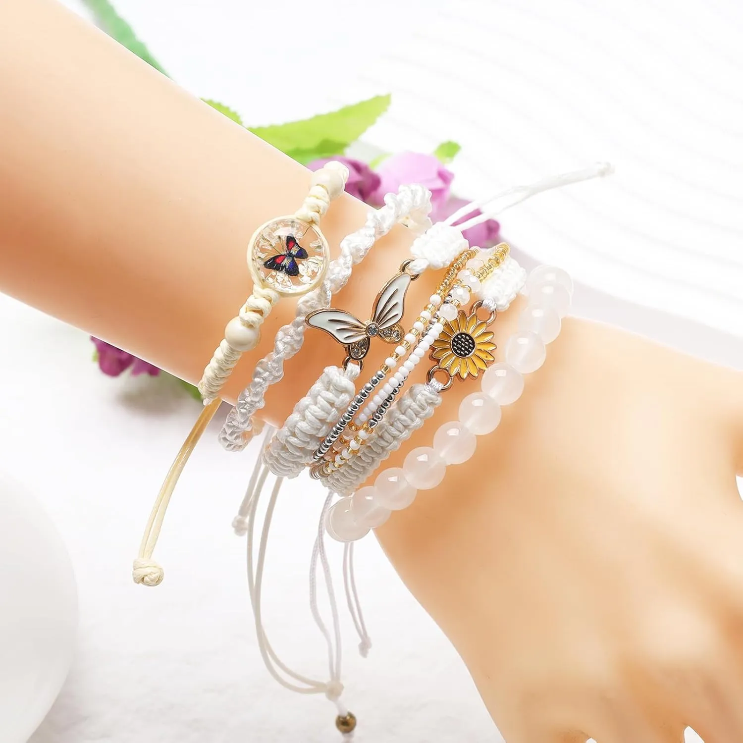 DS 6PCS String beads Charm Bracelets for Teen Girls Handmade Braided Rope Butterfly daisies Eternal flower Boho Surfer Bracelet for women Adjustable friendship Stretch birthday jewelry Gift Friends