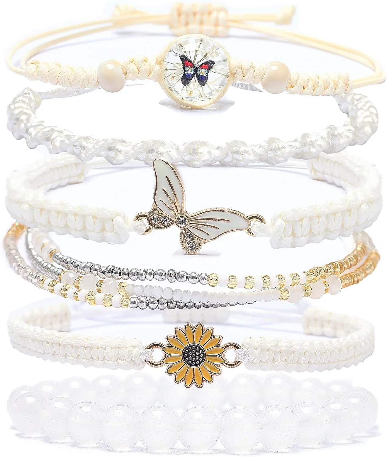 DS 6PCS String beads Charm Bracelets for Teen Girls Handmade Braided Rope Butterfly daisies Eternal flower Boho Surfer Bracelet for women Adjustable friendship Stretch birthday jewelry Gift Friends
