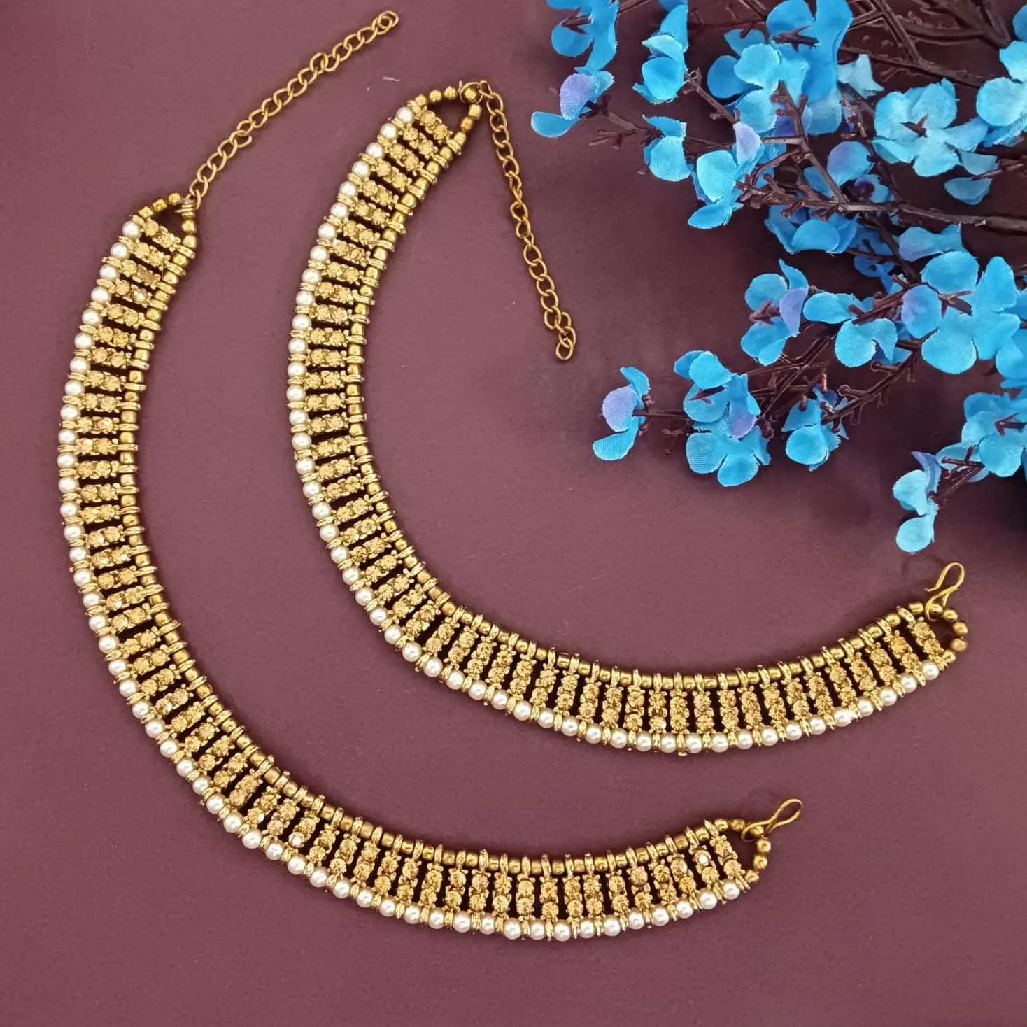 Efulgenz Oxidized Indian Jewelry - Anklets & Bracelet Pair for Women - Boho Oxidized Crystal Pearl Foot Jewelry