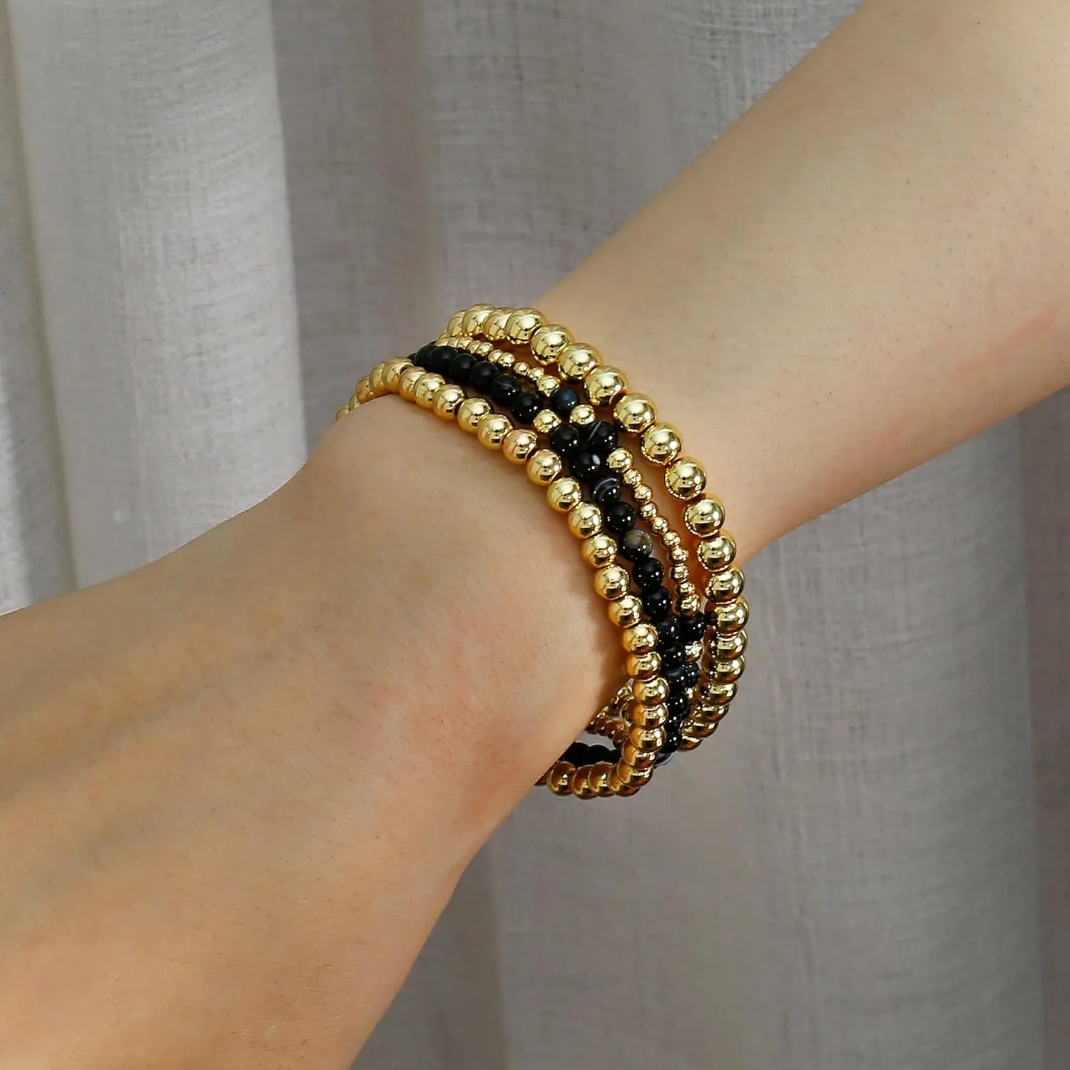 Elegance 11 designs Gold Beaded Bracelets For Women Natural Stone Stretch 14k Gold Plated Bead Ball Bracelet Stack Set Layered Bracelets For Women Minimalist Jewelry Gifts