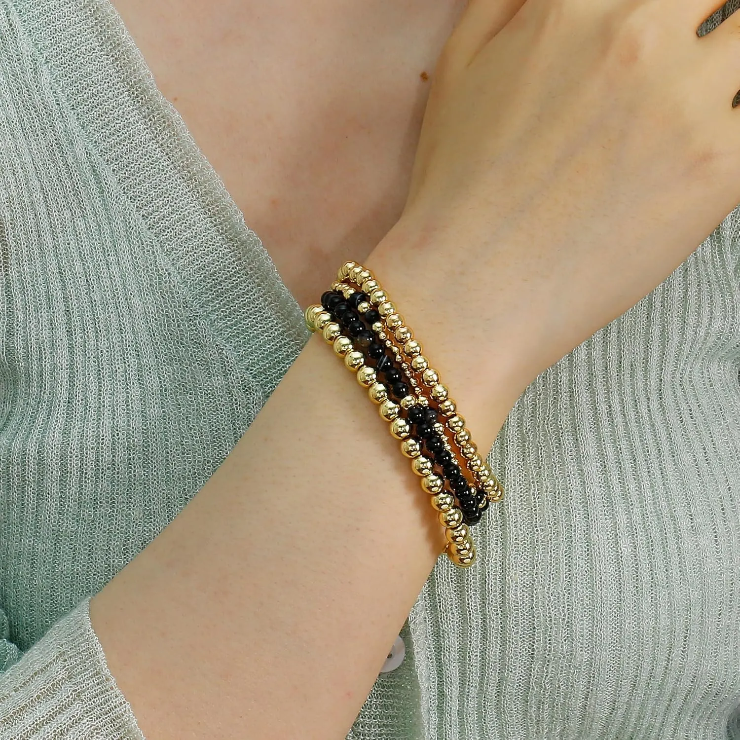 Elegance 11 designs Gold Beaded Bracelets For Women Natural Stone Stretch 14k Gold Plated Bead Ball Bracelet Stack Set Layered Bracelets For Women Minimalist Jewelry Gifts