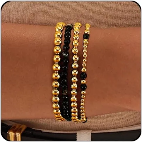Elegance 11 designs Gold Beaded Bracelets For Women Natural Stone Stretch 14k Gold Plated Bead Ball Bracelet Stack Set Layered Bracelets For Women Minimalist Jewelry Gifts