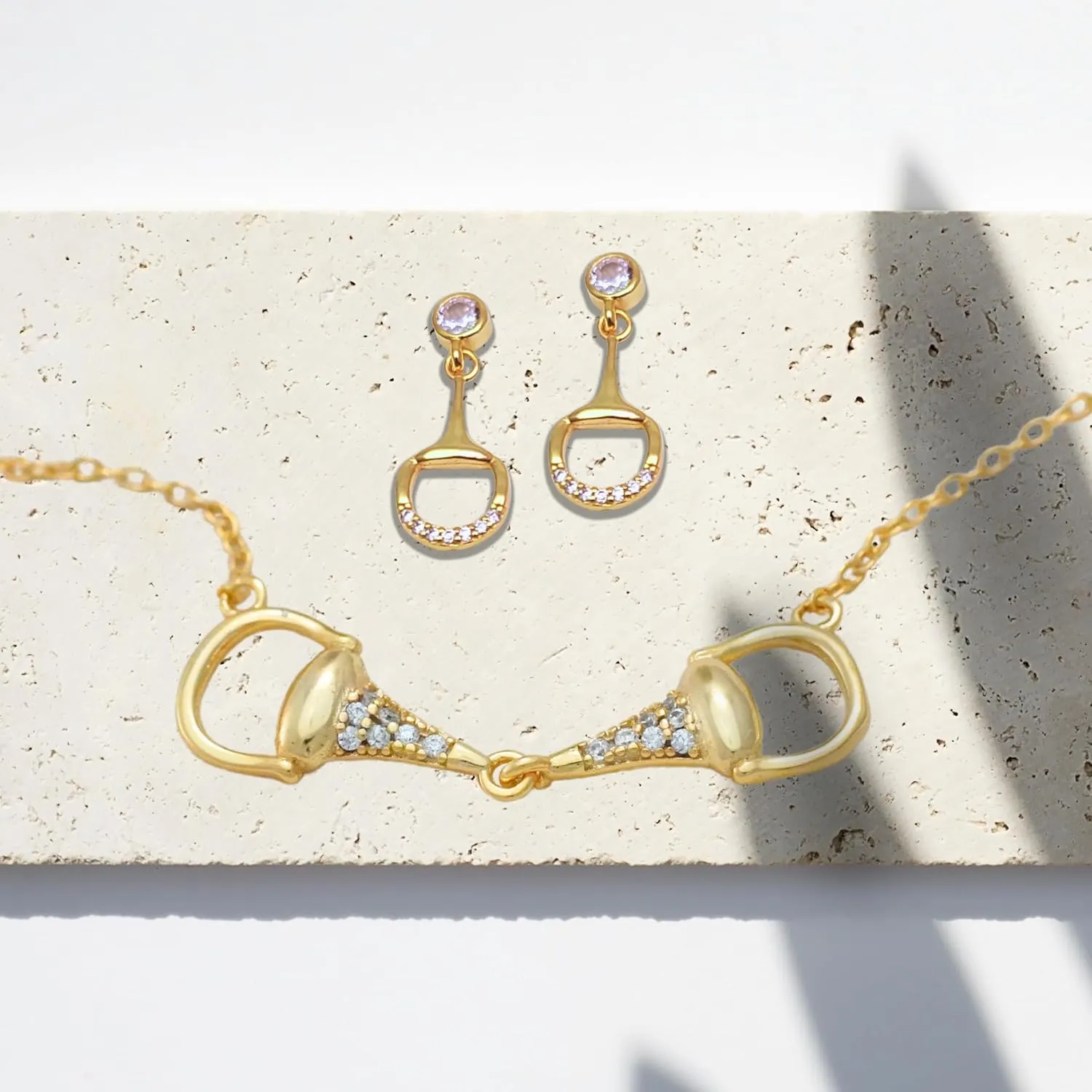 Elegant Horse Bit Pendant Necklace and Earrings Set  925 Sterling Silver jewelry sets with Gemstones in 18K Gold or Silver, Horse Jewelry Set in Gift Box for Her
