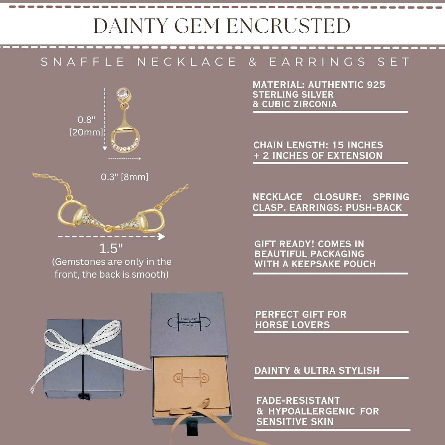 Elegant Horse Bit Pendant Necklace and Earrings Set  925 Sterling Silver jewelry sets with Gemstones in 18K Gold or Silver, Horse Jewelry Set in Gift Box for Her