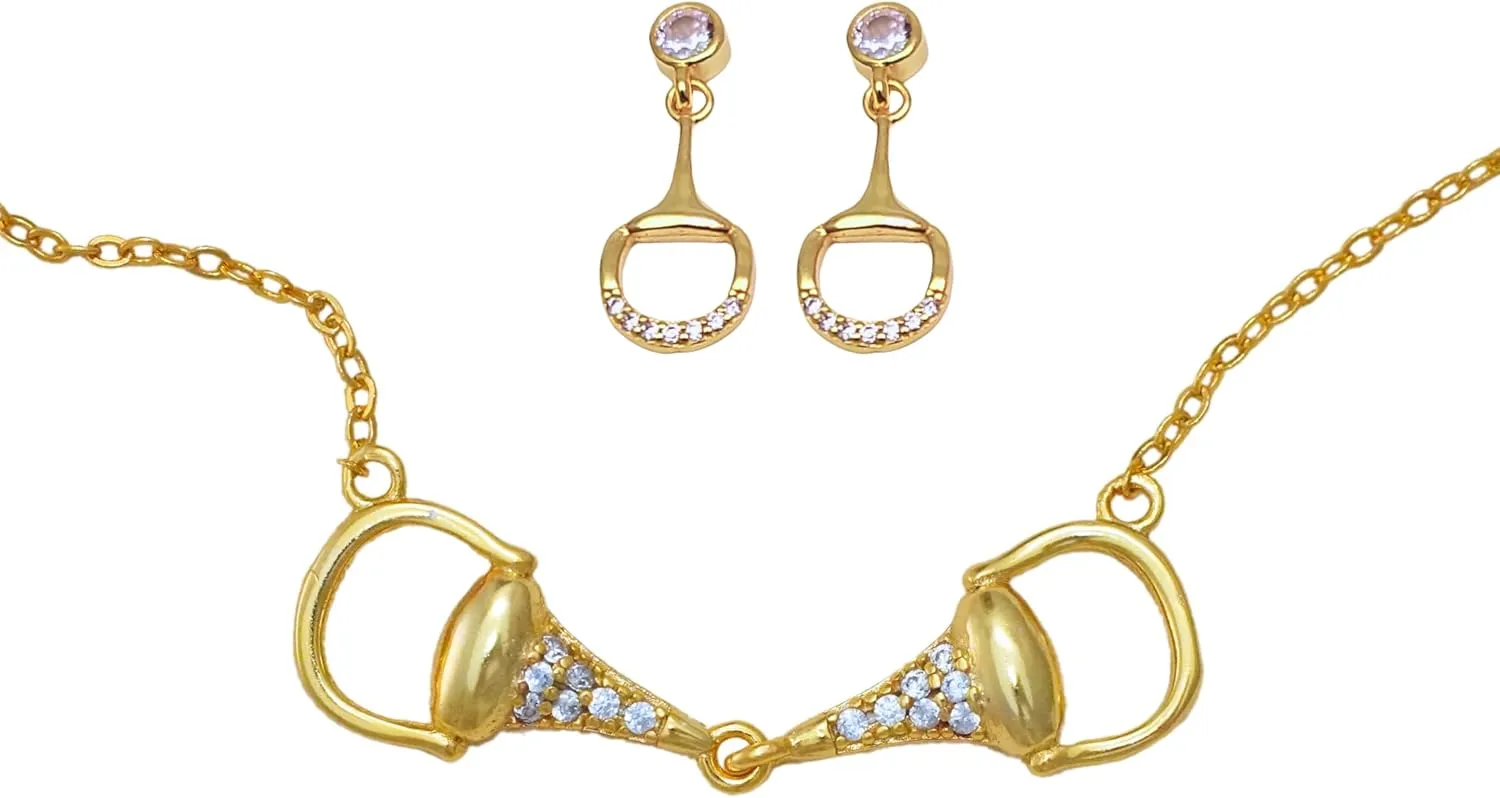 Elegant Horse Bit Pendant Necklace and Earrings Set  925 Sterling Silver jewelry sets with Gemstones in 18K Gold or Silver, Horse Jewelry Set in Gift Box for Her
