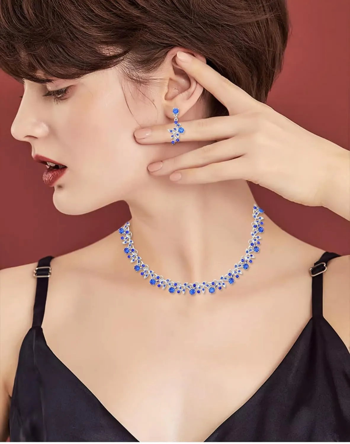 Elegant Leaf Choker Necklace Earrings Link Bracelets Wedding Jewelry Sets Sparkly Bridal Party Prom Costume Jewelry Accessories for Women #1818
