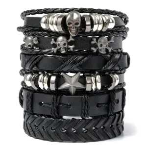 Emo Bracelets  6 Pcs Black Grunge Bracelets with Skull Design for Men & Women - Punk Goth Grunge Accessories, Adjustable Size (7" to 11"), Durable Leather, Comfortable Fit, Stylish & Unisex
