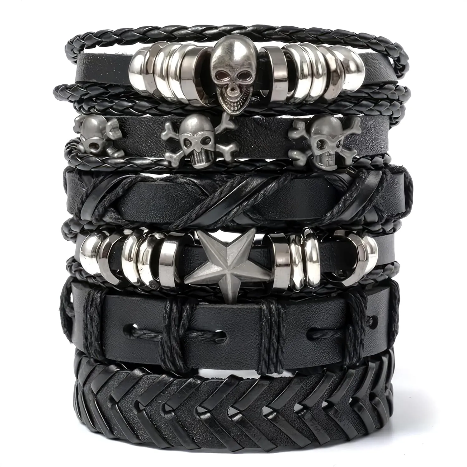 Emo Bracelets  6 Pcs Black Grunge Bracelets with Skull Design for Men & Women - Punk Goth Grunge Accessories, Adjustable Size (7" to 11"), Durable Leather, Comfortable Fit, Stylish & Unisex