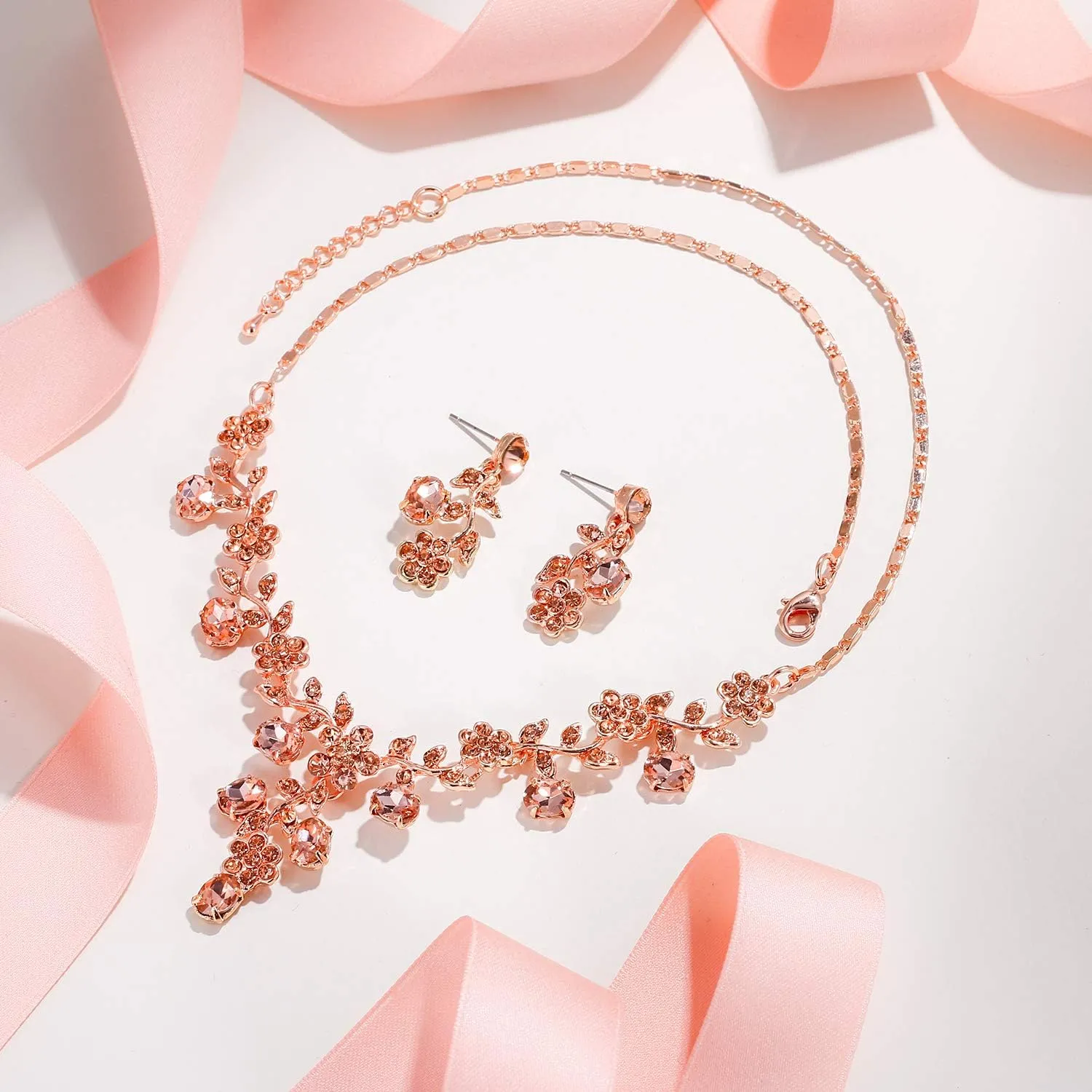 EVER FAITH Bridal Jewelry Sets for Wedding Rhinestone Crystal Flower Leaf Costume Pendant Necklace Earrings Set for Women
