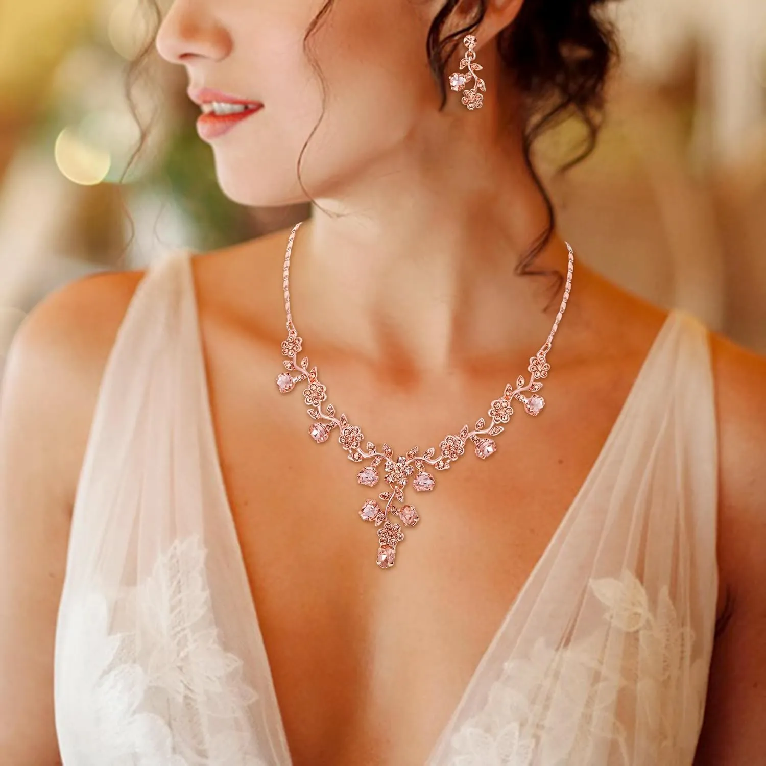 EVER FAITH Bridal Jewelry Sets for Wedding Rhinestone Crystal Flower Leaf Costume Pendant Necklace Earrings Set for Women