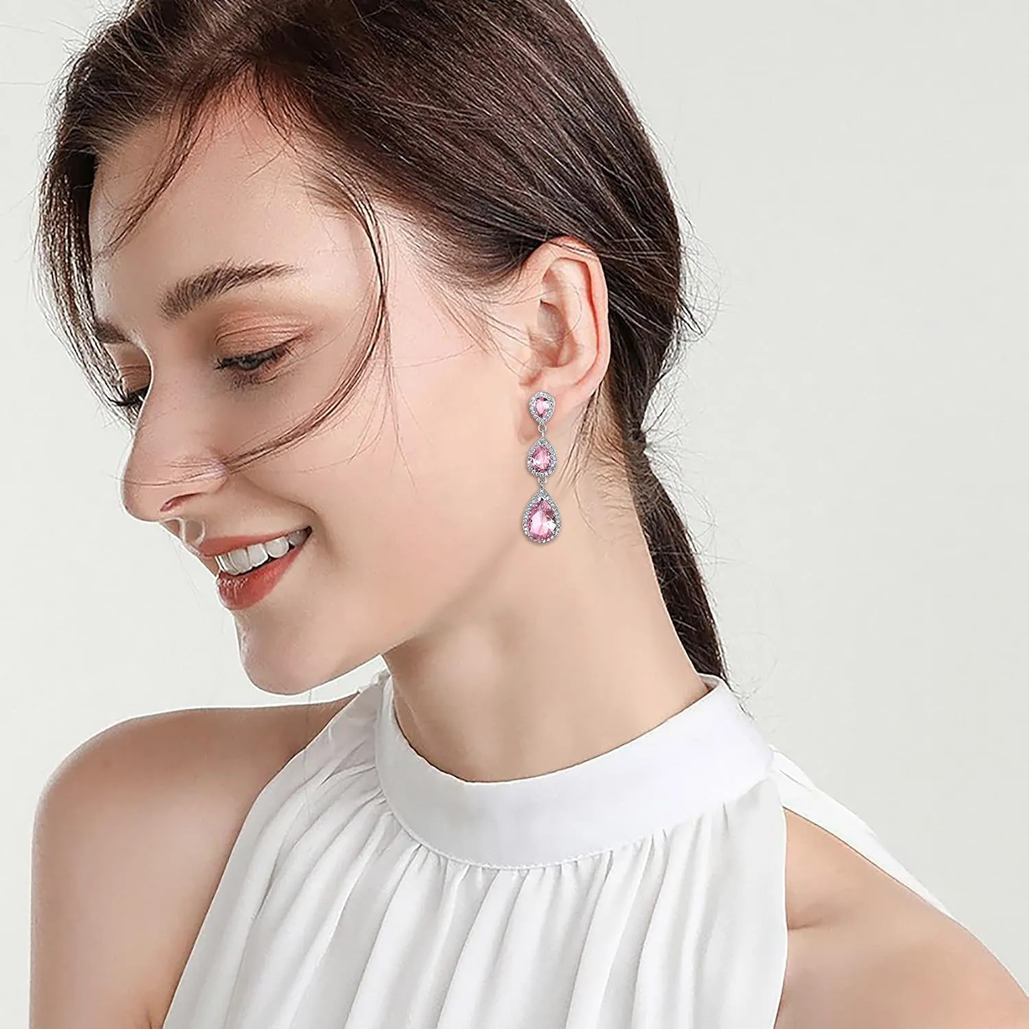 EVER FAITH Women's Cubic Zirconia Elegant Wedding Bridal 3 Teardrop Dangle Earrings for Bride Bridesmaids