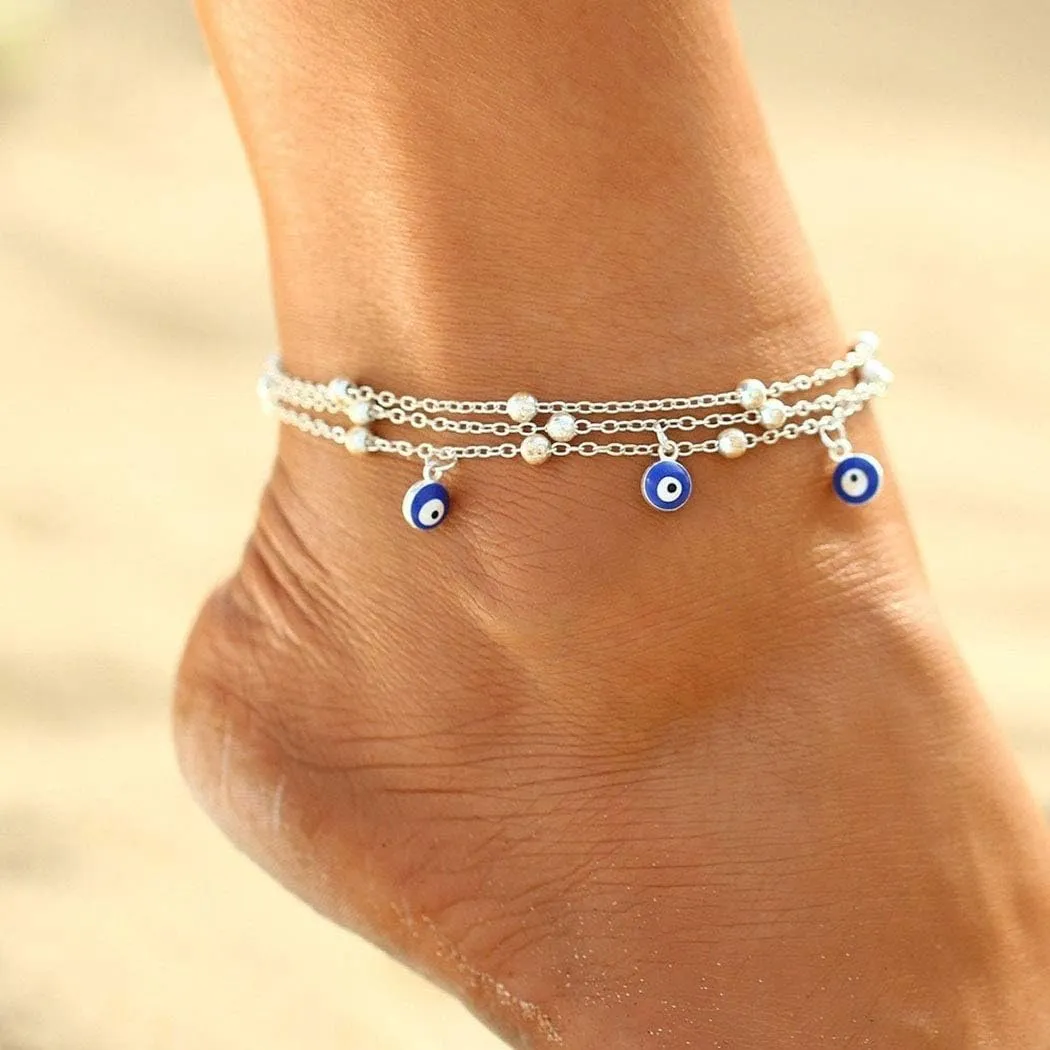 Evil Eye Ankle Bracelet Fashion Bead Layered Anklet Silver Beach Foot Jewelry for Women
