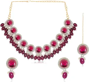 Exquisite Gold-Plated Dark Pink Crystal Design | Bead Choker Necklace, Drop Earrings, Maang Tikka, Ring | Sophisticated Ethnic | Wedding Jewellery Set for Women