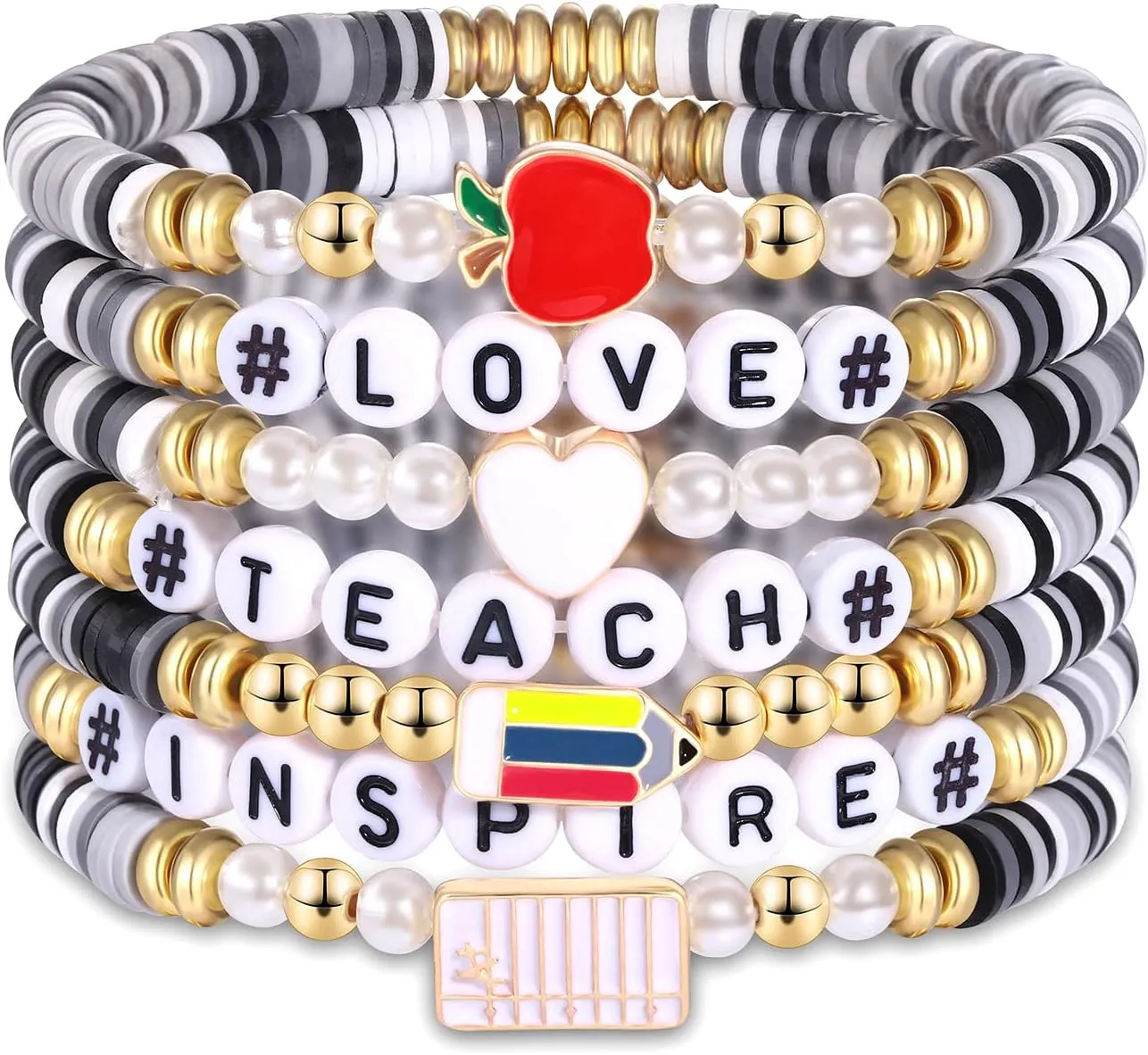 FAERLIIRY Teacher Bracelets Preppy Beaded Bracelets Clay Heishi Stretch Bracelets for Woman Teach Love Inspire Bracelet Back To School Teacher Appreciation Gifts