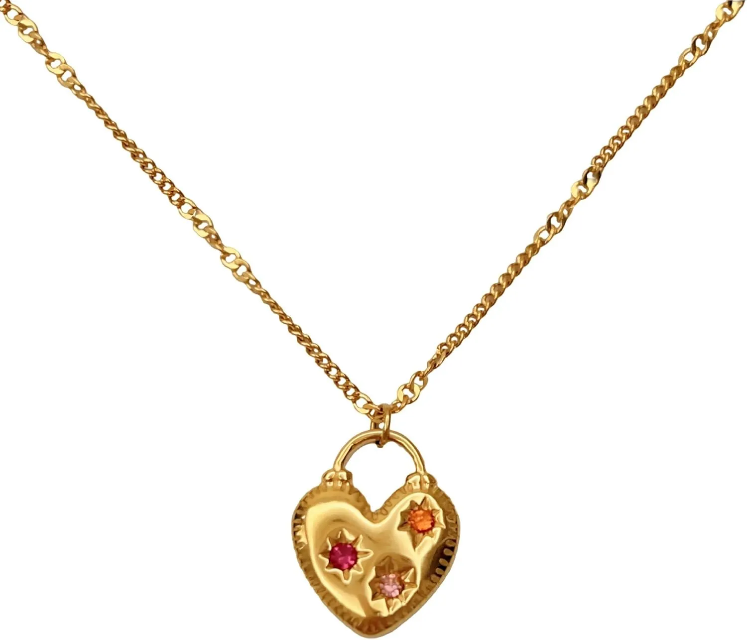 Fashion Versatile Stainless Steel 18K Gold Plated Pink Zircon Love Lock Square Pendant Star Gold Necklace Natural Stone Beads Jewelry