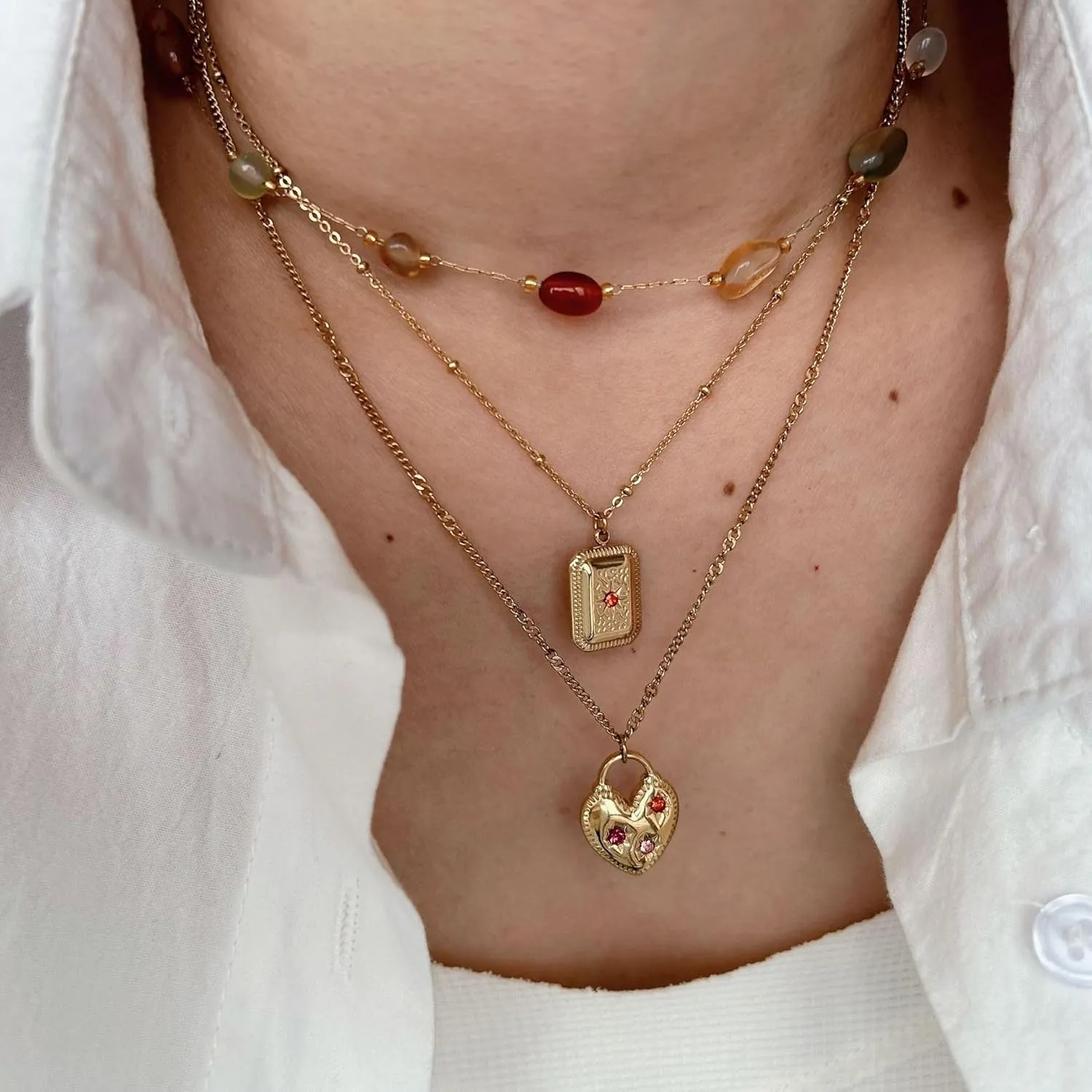 Fashion Versatile Stainless Steel 18K Gold Plated Pink Zircon Love Lock Square Pendant Star Gold Necklace Natural Stone Beads Jewelry