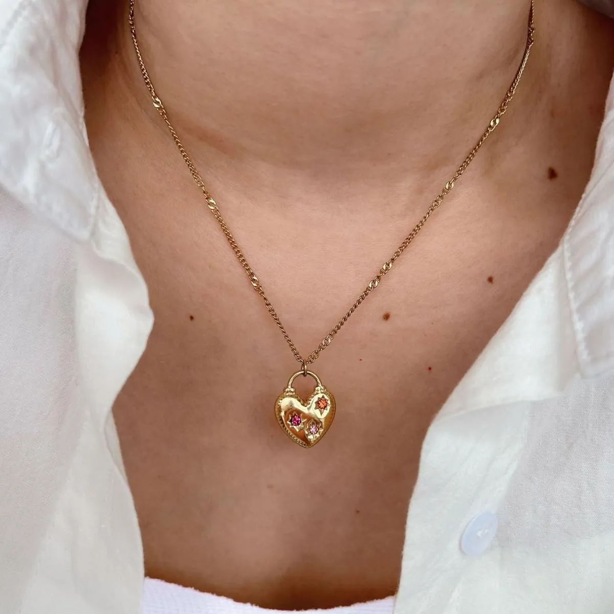 Fashion Versatile Stainless Steel 18K Gold Plated Pink Zircon Love Lock Square Pendant Star Gold Necklace Natural Stone Beads Jewelry
