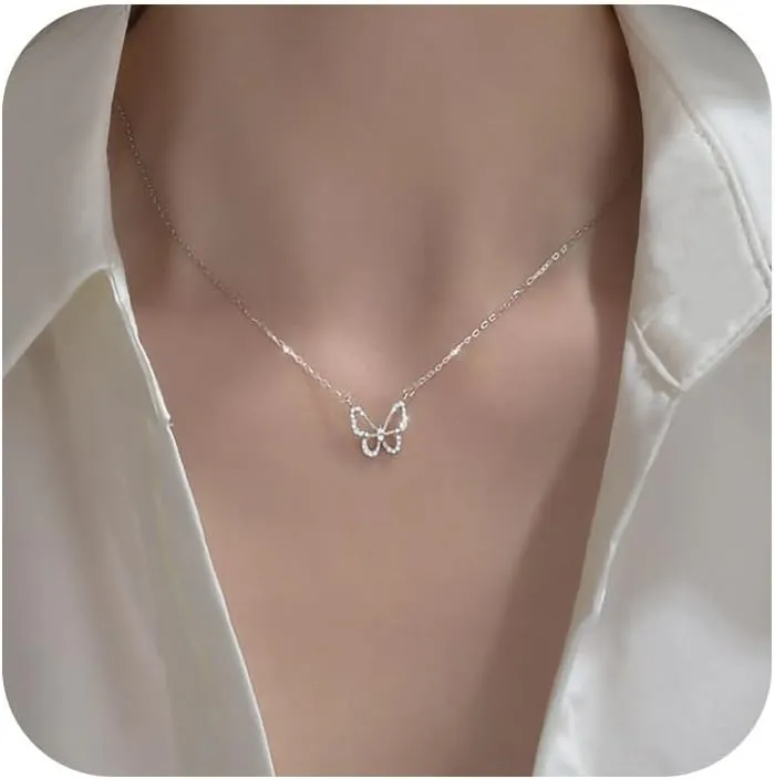 Fesciory Silver Rhinestone Tennis Necklaces for Women, Dainty Adjustable Layered Twist Rope Cubic Zircon Diamond Butterfly Necklace, Iced Out Heart Jewelry Gifts (Diamond Butterfly)