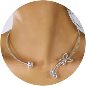 Fesciory Silver Rhinestone Tennis Necklaces for Women, Dainty Adjustable Layered Twist Rope Cubic Zircon Diamond Butterfly Necklace, Iced Out Heart Jewelry Gifts (Hollow Butterfly)