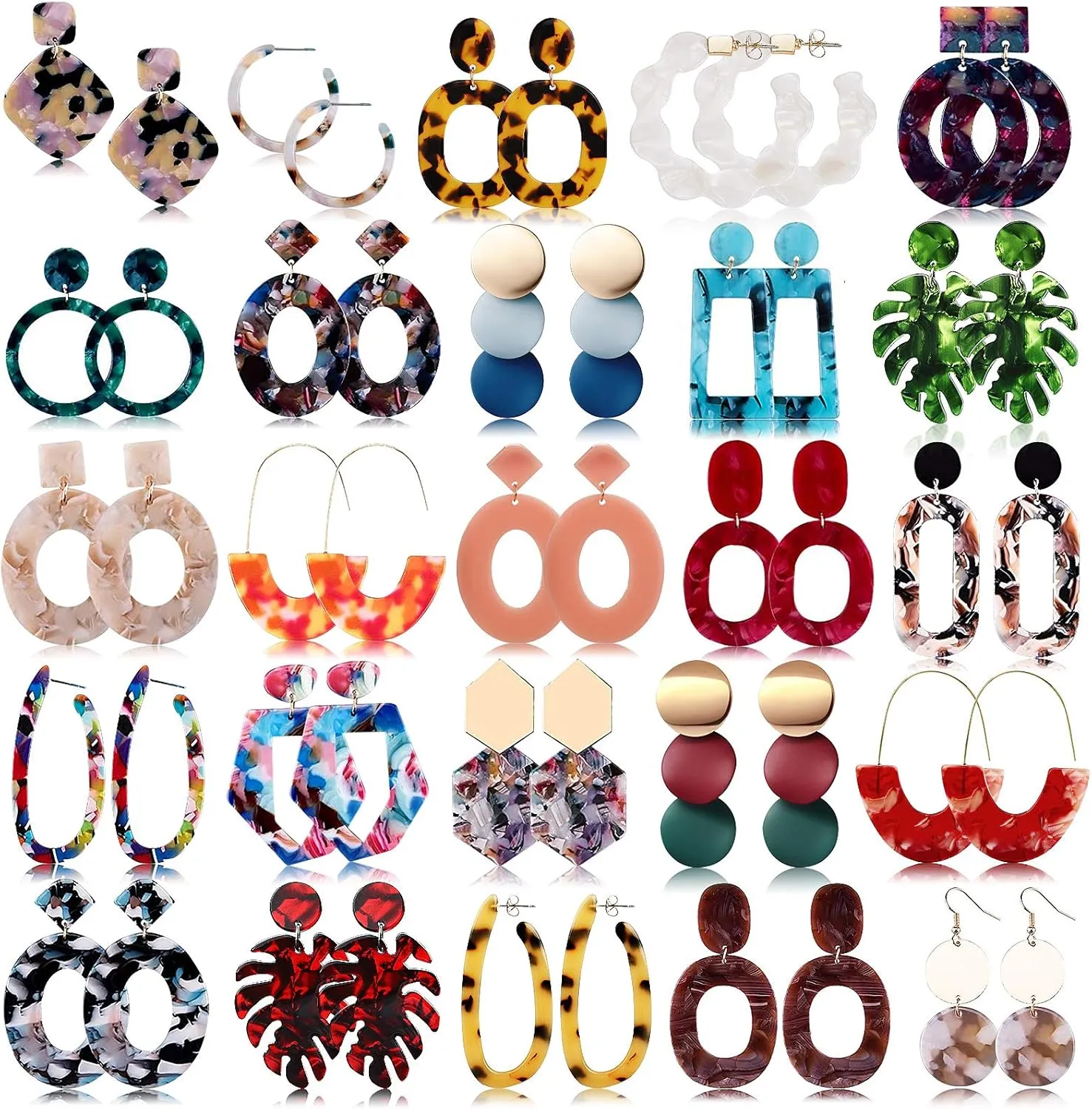 FIFATA 25 Pairs Acrylic Resin Statement Earrings Set for Women Mottled Hoop Fashion Drop Dangle Jewelry Hypoallergenic for Sensitive Ears